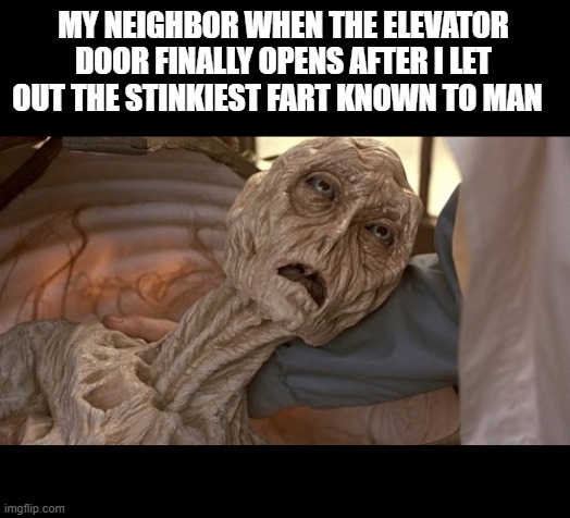 Let me out ! let me outttttt ! | MY NEIGHBOR WHEN THE ELEVATOR DOOR FINALLY OPENS AFTER I LET OUT THE STINKIEST FART KNOWN TO MAN | image tagged in alien dying | made w/ Imgflip meme maker