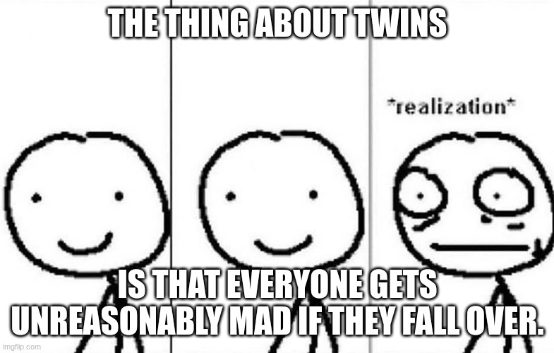 Realization | THE THING ABOUT TWINS; IS THAT EVERYONE GETS UNREASONABLY MAD IF THEY FALL OVER. | image tagged in realization | made w/ Imgflip meme maker