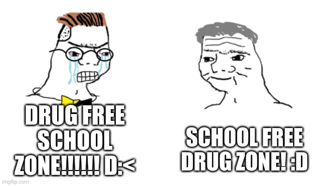 noooo you can't just | DRUG FREE SCHOOL ZONE!!!!!! D:<; SCHOOL FREE DRUG ZONE! :D | image tagged in noooo you can't just | made w/ Imgflip meme maker