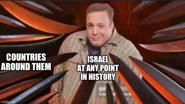 They can’t catch a break | COUNTRIES AROUND THEM; ISRAEL AT ANY POINT IN HISTORY | image tagged in fat guy with swords pointing at him,israel,history | made w/ Imgflip meme maker