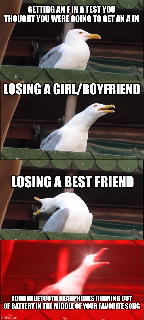 Most painful moments in life | GETTING AN F IN A TEST YOU THOUGHT YOU WERE GOING TO GET AN A IN; LOSING A GIRL/BOYFRIEND; LOSING A BEST FRIEND; YOUR BLUETOOTH HEADPHONES RUNNING OUT OF BATTERY IN THE MIDDLE OF YOUR FAVORITE SONG | image tagged in memes,inhaling seagull | made w/ Imgflip meme maker
