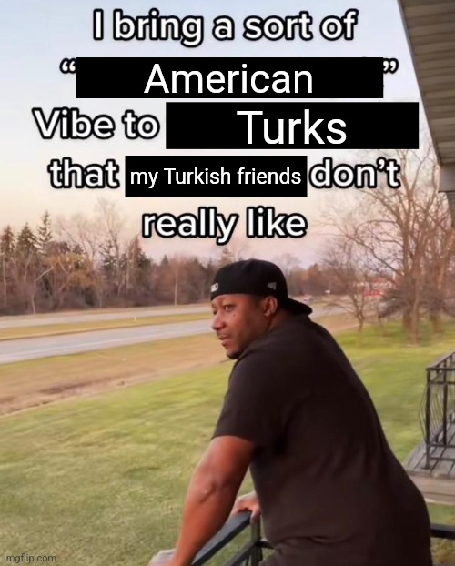 I Bring a Sort of X Vibe to the Y | American; Turks; my Turkish friends | image tagged in i bring a sort of x vibe to the y | made w/ Imgflip meme maker