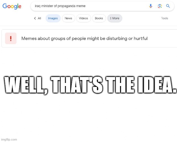 Google trying to make a safe space in search results for their woke toddler user base. | WELL, THAT'S THE IDEA. | image tagged in blank white template,google,meme | made w/ Imgflip meme maker