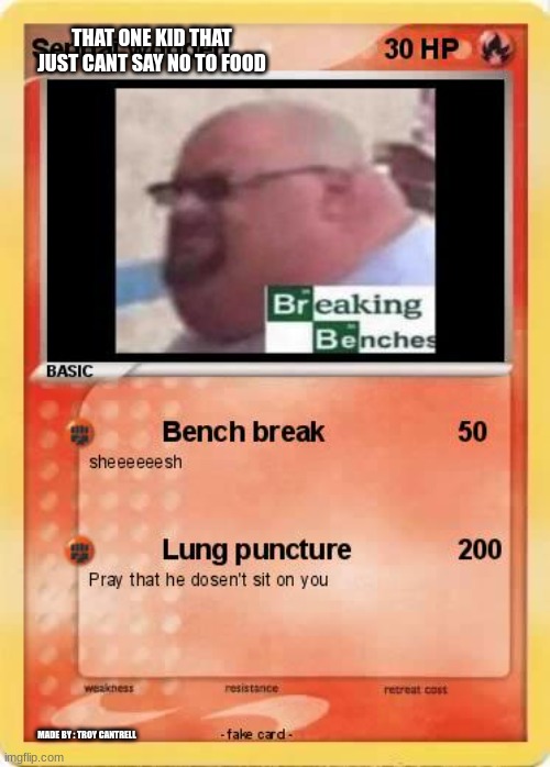 BREAKING BENCHES | THAT ONE KID THAT JUST CANT SAY NO TO FOOD; MADE BY : TROY CANTRELL | image tagged in fun,benches | made w/ Imgflip meme maker