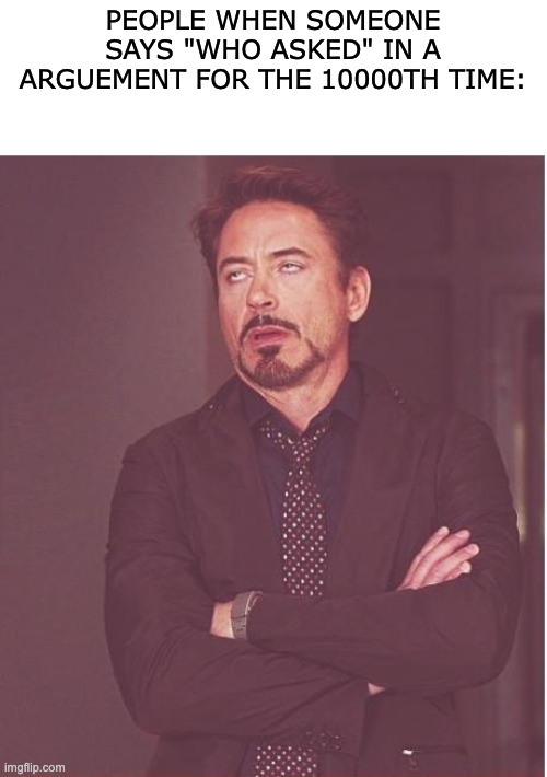 this is waaaaay to annoying | PEOPLE WHEN SOMEONE SAYS "WHO ASKED" IN A ARGUEMENT FOR THE 10000TH TIME: | image tagged in memes,face you make robert downey jr | made w/ Imgflip meme maker