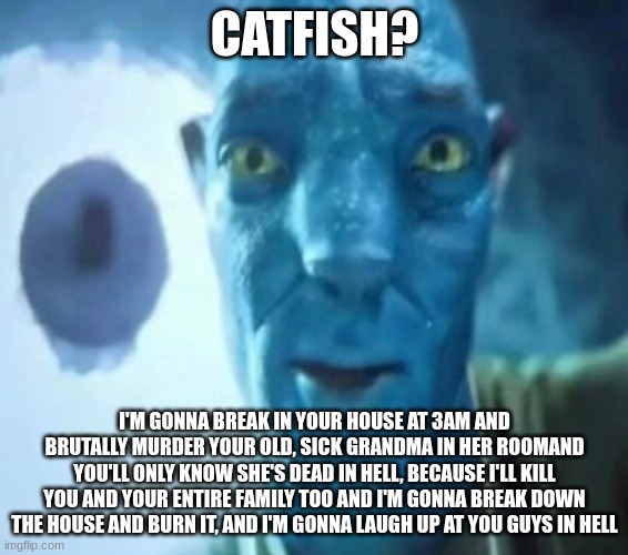 Avatar guy | CATFISH? I'M GONNA BREAK IN YOUR HOUSE AT 3AM AND BRUTALLY MURDER YOUR OLD, SICK GRANDMA IN HER ROOMAND YOU'LL ONLY KNOW SHE'S DEAD IN HELL, BECAUSE I'LL KILL YOU AND YOUR ENTIRE FAMILY TOO AND I'M GONNA BREAK DOWN THE HOUSE AND BURN IT, AND I'M GONNA LAUGH UP AT YOU GUYS IN HELL | image tagged in avatar guy,memes,funny | made w/ Imgflip meme maker