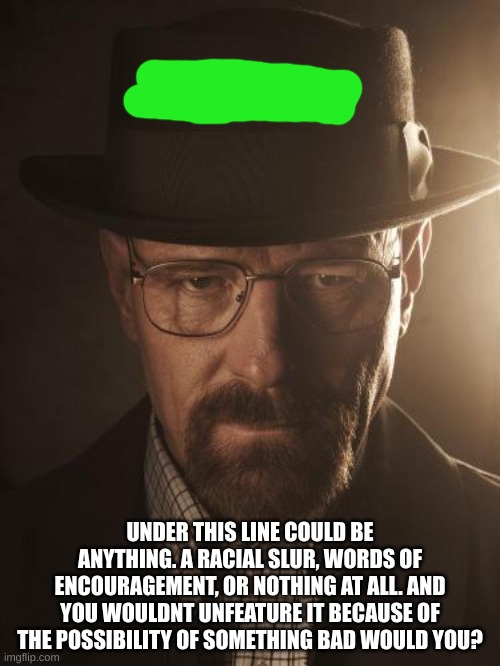 Walter White | UNDER THIS LINE COULD BE ANYTHING. A RACIAL SLUR, WORDS OF ENCOURAGEMENT, OR NOTHING AT ALL. AND YOU WOULDNT UNFEATURE IT BECAUSE OF THE POSSIBILITY OF SOMETHING BAD WOULD YOU? | image tagged in walter white | made w/ Imgflip meme maker