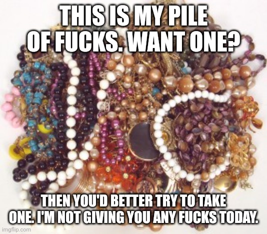 No fucks | THIS IS MY PILE OF FUCKS. WANT ONE? THEN YOU'D BETTER TRY TO TAKE ONE. I'M NOT GIVING YOU ANY FUCKS TODAY. | image tagged in funny | made w/ Imgflip meme maker