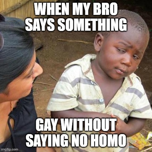 No Homo meme | WHEN MY BRO SAYS SOMETHING; GAY WITHOUT SAYING NO HOMO | image tagged in memes,third world skeptical kid | made w/ Imgflip meme maker