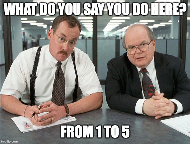 When HR sends the employee self assessment ... | WHAT DO YOU SAY YOU DO HERE? FROM 1 TO 5 | image tagged in office space bobs | made w/ Imgflip meme maker