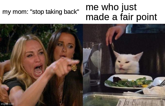 argument | my mom: "stop taking back"; me who just made a fair point | image tagged in memes,woman yelling at cat | made w/ Imgflip meme maker