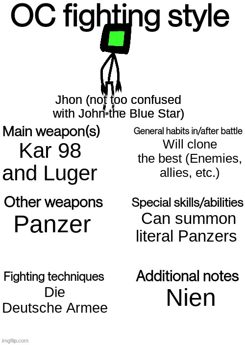 "Why not jump on the Trend Train?" Bingus said | Jhon (not too confused with John the Blue Star); Will clone the best (Enemies, allies, etc.); Kar 98 and Luger; Can summon literal Panzers; Panzer; Die Deutsche Armee; Nien | image tagged in oc fighting style | made w/ Imgflip meme maker