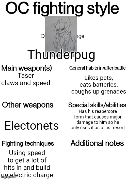 Tuunderpugs fighting style | Thunderpug; Taser claws and speed; Likes pets, eats batteries, coughs up grenades; Has his reapercore form that causes major damage to him so he only uses it as a last resort; Electonets; Using speed to get a lot of hits in and build up electric charge | image tagged in oc fighting style | made w/ Imgflip meme maker