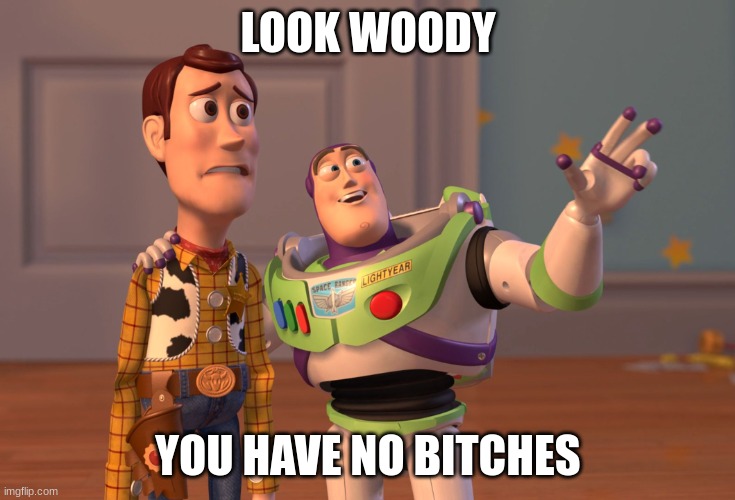 woody u suck | LOOK WOODY; YOU HAVE NO BITCHES | image tagged in memes,x x everywhere | made w/ Imgflip meme maker