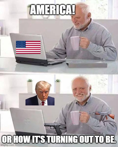 Sad world we live in | AMERICA! OR HOW IT'S TURNING OUT TO BE. | image tagged in memes,hide the pain harold,donald trump,first world problems,america,gun violence | made w/ Imgflip meme maker
