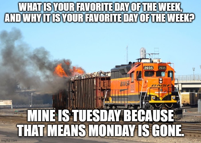 Burning load | WHAT IS YOUR FAVORITE DAY OF THE WEEK, AND WHY IT IS YOUR FAVORITE DAY OF THE WEEK? MINE IS TUESDAY BECAUSE THAT MEANS MONDAY IS GONE. | image tagged in dumpster fire | made w/ Imgflip meme maker
