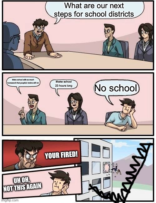 Boardroom Meeting Suggestion Meme | What are our next steps for school districts; Make school with so much homework that people’s brains will rot; Make school 23 hours long; No school; YOUR FIRED! UH OH, NOT THIS AGAIN | image tagged in memes,boardroom meeting suggestion,funny,school,school meme,school memes | made w/ Imgflip meme maker