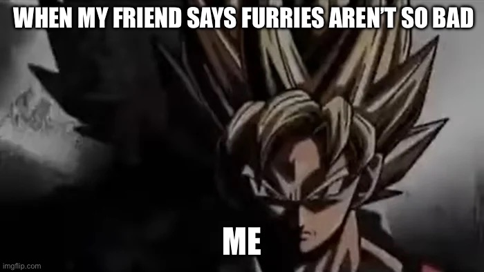 Srrsly tho | WHEN MY FRIEND SAYS FURRIES AREN’T SO BAD; ME | image tagged in goku staring | made w/ Imgflip meme maker