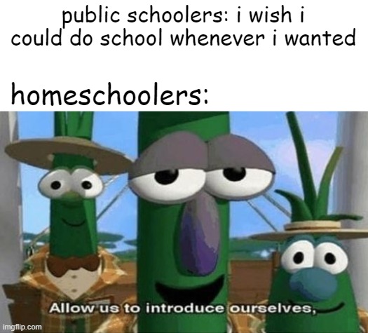Allow Us to Introduce Ourselves | public schoolers: i wish i could do school whenever i wanted; homeschoolers: | image tagged in allow us to introduce ourselves | made w/ Imgflip meme maker
