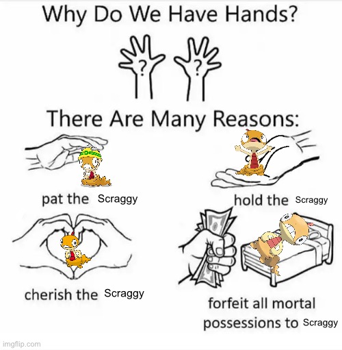 That, folks, is why we have hands. Thank the lord. | Scraggy; Scraggy; Scraggy; Scraggy | image tagged in why do we have hands all blank,pokemon | made w/ Imgflip meme maker