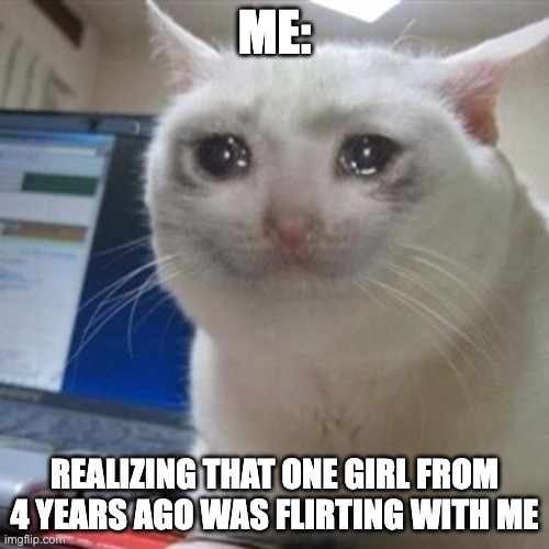 Crying cat | ME:; REALIZING THAT ONE GIRL FROM 4 YEARS AGO WAS FLIRTING WITH ME | image tagged in crying cat | made w/ Imgflip meme maker