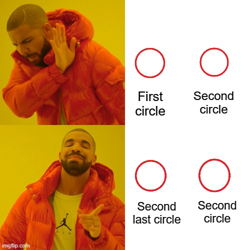 When you have two things and you call the first as "second last". | First circle; Second circle; Second last circle; Second circle | image tagged in memes,drake hotline bling,second last,first,maybe relatable | made w/ Imgflip meme maker