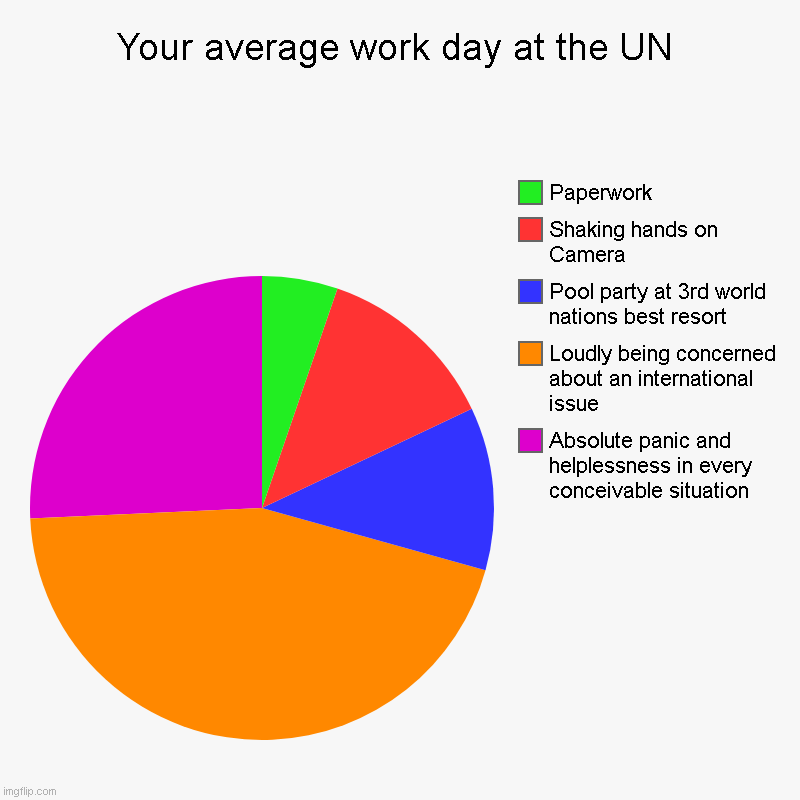 The UN. It's like a government but somehow even less justifiable | Your average work day at the UN | Absolute panic and helplessness in every conceivable situation, Loudly being concerned about an internatio | image tagged in charts,pie charts | made w/ Imgflip chart maker