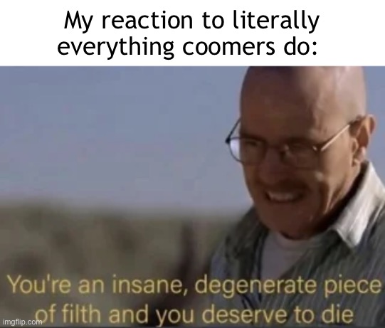 Down with degeneracy! | My reaction to literally everything coomers do: | image tagged in walter white degenerate | made w/ Imgflip meme maker