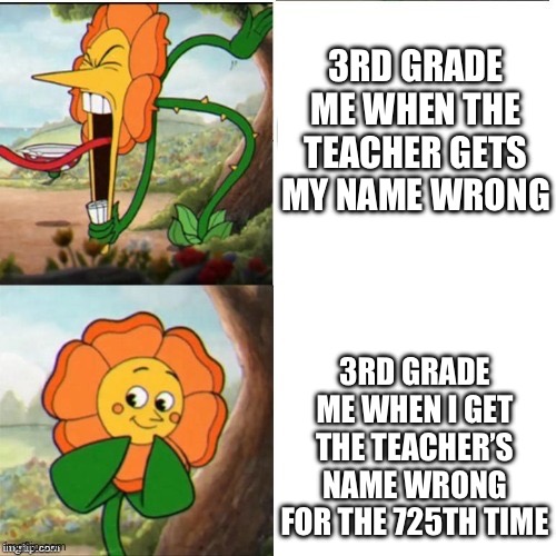 What’s your name again mr ? | 3RD GRADE ME WHEN THE TEACHER GETS MY NAME WRONG; 3RD GRADE ME WHEN I GET THE TEACHER’S NAME WRONG FOR THE 725TH TIME | image tagged in yelling flower,sunflower,school,teacher | made w/ Imgflip meme maker