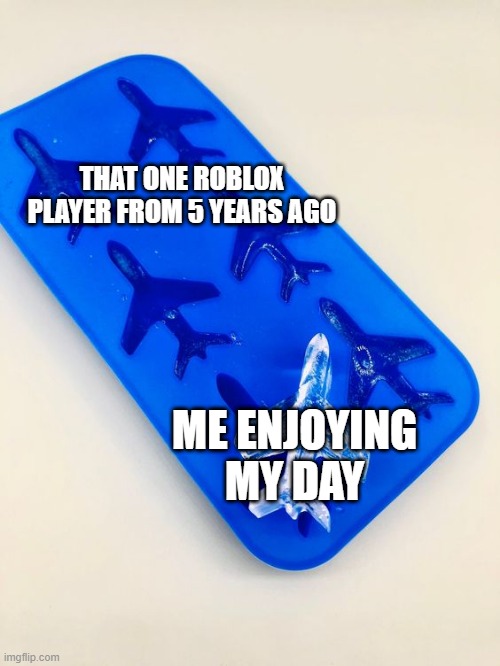 I just enjoyed my day with Roblox players | THAT ONE ROBLOX PLAYER FROM 5 YEARS AGO; ME ENJOYING MY DAY | image tagged in airplane is the ice block,memes,funny | made w/ Imgflip meme maker