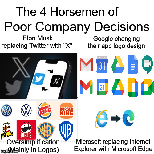 Four horsemen | Poor Company Decisions; Elon Musk replacing Twitter with "X"; Google changing their app logo design; Microsoft replacing Internet Explorer with Microsoft Edge; Oversimplification (Mainly in Logos) | image tagged in four horsemen | made w/ Imgflip meme maker