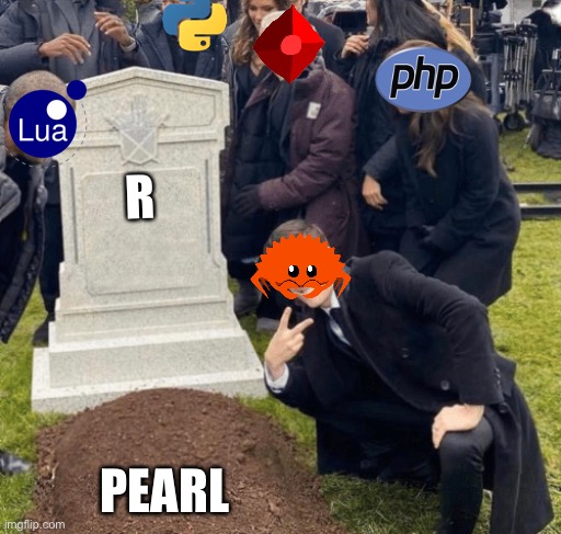 Programming Language 2023 | R; PEARL | image tagged in grant gustin over grave,code,tech meme,meme,funny | made w/ Imgflip meme maker