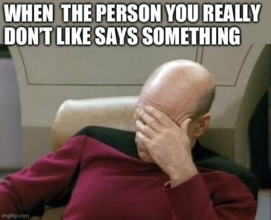 Say something | WHEN  THE PERSON YOU REALLY DON’T LIKE SAYS SOMETHING | image tagged in memes,captain picard facepalm | made w/ Imgflip meme maker