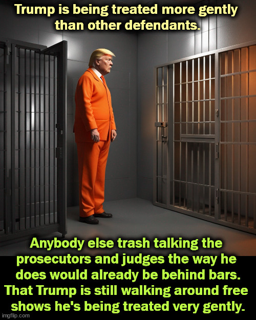 Despite the endless self-pity, Trump is being treated very well. | Trump is being treated more gently 
than other defendants. Anybody else trash talking the 
prosecutors and judges the way he 
does would already be behind bars. That Trump is still walking around free 
shows he's being treated very gently. | image tagged in trump,self pity,grievance,wailing,generous judge | made w/ Imgflip meme maker