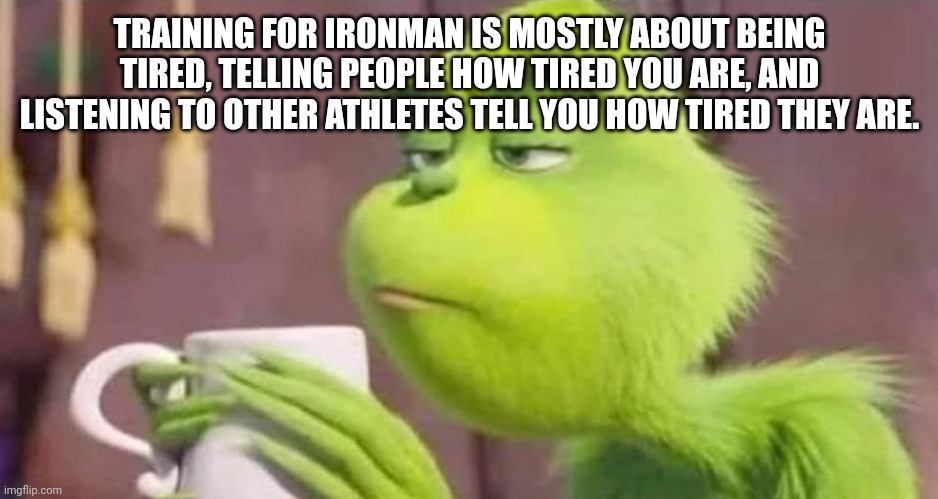 Training for Ironman | TRAINING FOR IRONMAN IS MOSTLY ABOUT BEING TIRED, TELLING PEOPLE HOW TIRED YOU ARE, AND LISTENING TO OTHER ATHLETES TELL YOU HOW TIRED THEY ARE. | image tagged in tired meme | made w/ Imgflip meme maker