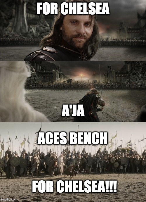 FOR CHELSEA; A'JA; ACES BENCH; FOR CHELSEA!!! | image tagged in aragorn black gate for frodo | made w/ Imgflip meme maker