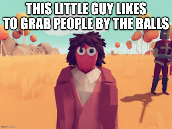 Just like foxy501 | THIS LITTLE GUY LIKES TO GRAB PEOPLE BY THE BALLS | image tagged in totally accurate battle simulator halflings turn | made w/ Imgflip meme maker