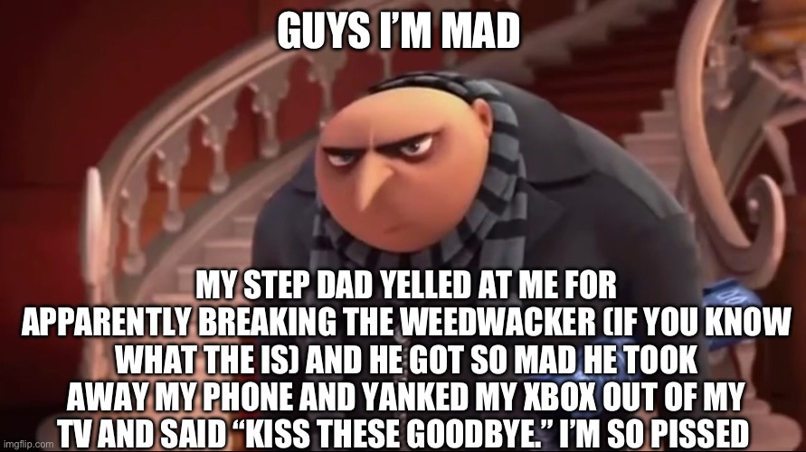 I’m having to use my school iPad | GUYS I’M MAD; MY STEP DAD YELLED AT ME FOR APPARENTLY BREAKING THE WEEDWACKER (IF YOU KNOW WHAT THE IS) AND HE GOT SO MAD HE TOOK AWAY MY PHONE AND YANKED MY XBOX OUT OF MY TV AND SAID “KISS THESE GOODBYE.” I’M SO PISSED | image tagged in gru pissed off | made w/ Imgflip meme maker