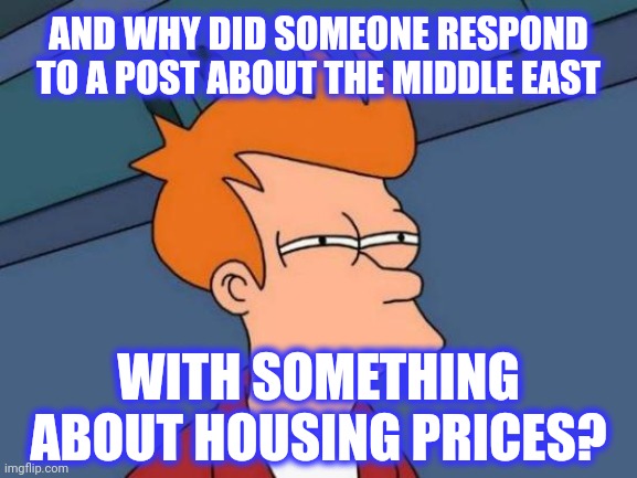 Futurama Fry Meme | AND WHY DID SOMEONE RESPOND TO A POST ABOUT THE MIDDLE EAST WITH SOMETHING ABOUT HOUSING PRICES? | image tagged in memes,futurama fry | made w/ Imgflip meme maker