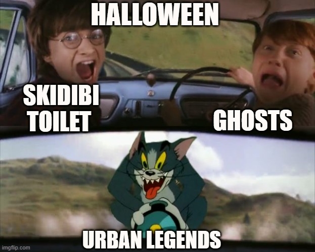 Tom chasing Harry and Ron Weasly | HALLOWEEN; GHOSTS; SKIDIBI TOILET; URBAN LEGENDS | image tagged in tom chasing harry and ron weasly | made w/ Imgflip meme maker
