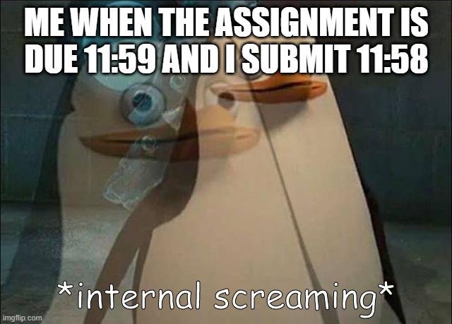 has this ever to you? | ME WHEN THE ASSIGNMENT IS DUE 11:59 AND I SUBMIT 11:58 | image tagged in private internal screaming | made w/ Imgflip meme maker