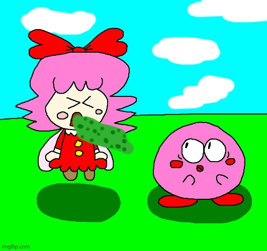 Ribbon almost puked on Kirby | image tagged in kirby,vomit,puke,funny,fanart,parody | made w/ Imgflip meme maker