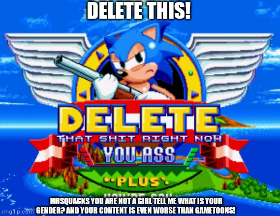 Mrsquacks thinks he's a girl | DELETE THIS! MRSQUACKS YOU ARE NOT A GIRL TELL ME WHAT IS YOUR GENDER? AND YOUR CONTENT IS EVEN WORSE THAN GAMETOONS! | image tagged in sonic holding a shotgun to tell you to delete | made w/ Imgflip meme maker