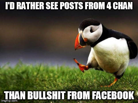 Unpopular Opinion Puffin | I'D RATHER SEE POSTS FROM 4 CHAN THAN BULLSHIT FROM FACEBOOK | image tagged in memes,unpopular opinion puffin,AdviceAnimals | made w/ Imgflip meme maker