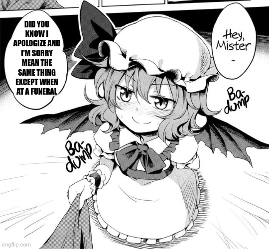 She's been alive for a long time I wonder if she's speaking from experience | DID YOU KNOW I APOLOGIZE AND I'M SORRY MEAN THE SAME THING EXCEPT WHEN AT A FUNERAL | image tagged in hey mister,touhou,meme | made w/ Imgflip meme maker