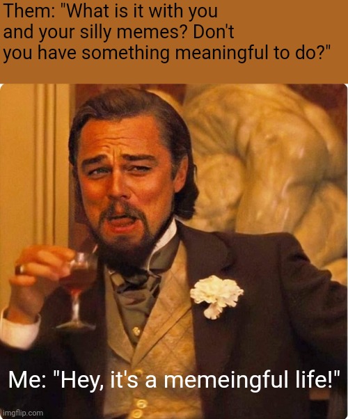 Life is memeingful | Them: "What is it with you and your silly memes? Don't you have something meaningful to do?"; Me: "Hey, it's a memeingful life!" | image tagged in laughing leonardo di caprio | made w/ Imgflip meme maker