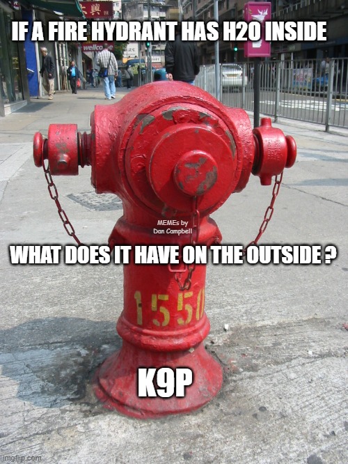 fire hydrant number 1550 | IF A FIRE HYDRANT HAS H2O INSIDE; MEMEs by Dan Campbell; WHAT DOES IT HAVE ON THE OUTSIDE ? K9P | image tagged in fire hydrant number 1550 | made w/ Imgflip meme maker