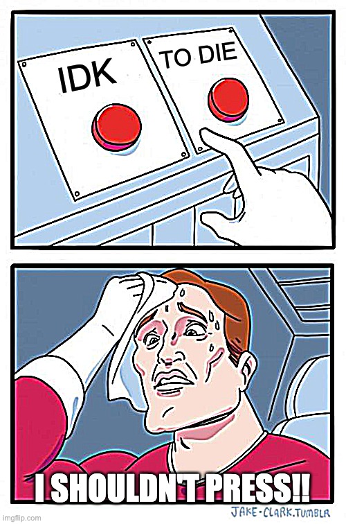 Should i | TO DIE; IDK; I SHOULDN'T PRESS!! | image tagged in memes,two buttons | made w/ Imgflip meme maker