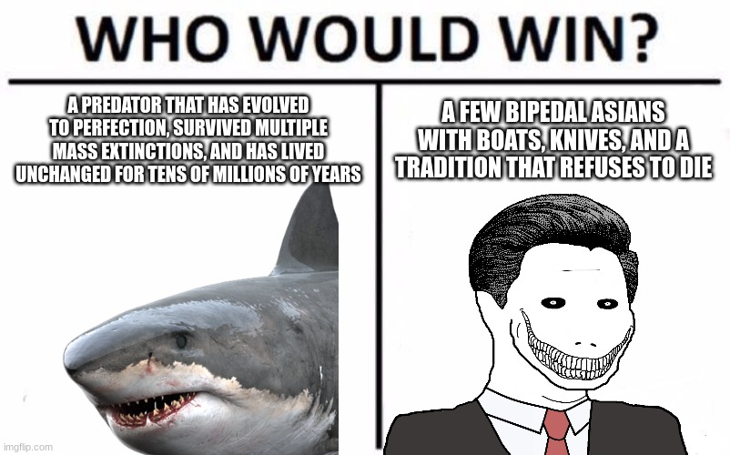 not saying all asian people are part of the problem, most have stopped eating sharks | A PREDATOR THAT HAS EVOLVED TO PERFECTION, SURVIVED MULTIPLE MASS EXTINCTIONS, AND HAS LIVED UNCHANGED FOR TENS OF MILLIONS OF YEARS; A FEW BIPEDAL ASIANS WITH BOATS, KNIVES, AND A TRADITION THAT REFUSES TO DIE | image tagged in memes,who would win,shark | made w/ Imgflip meme maker