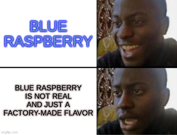 Blue rasberry | BLUE RASPBERRY; BLUE RASPBERRY IS NOT REAL AND JUST A FACTORY-MADE FLAVOR | image tagged in oh yeah oh no,blue,food,funny,wait what | made w/ Imgflip meme maker